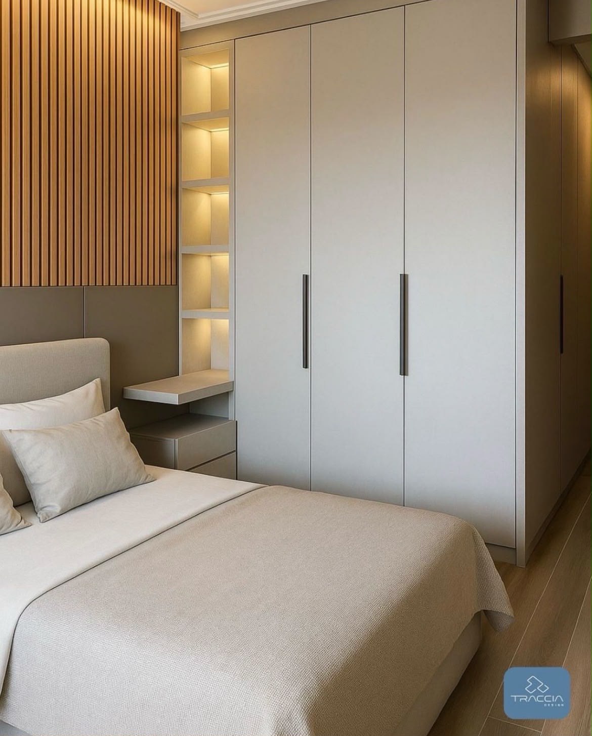 Traccia Design fitted bedroom wardrobe with wood slat wall